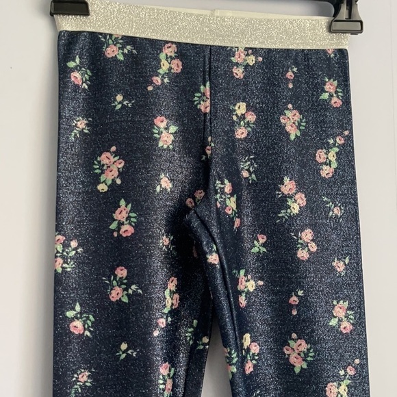 h&m Girls Blue Floral Glitter Metallic Leggings 8-9 Y - Picture 2 of 5